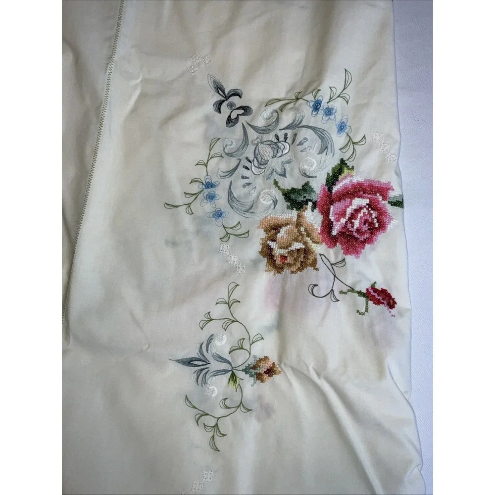 Vintage Tablecloth Embroidered Floral 80 X 60 Roses Romantic Cottage Core Fairy